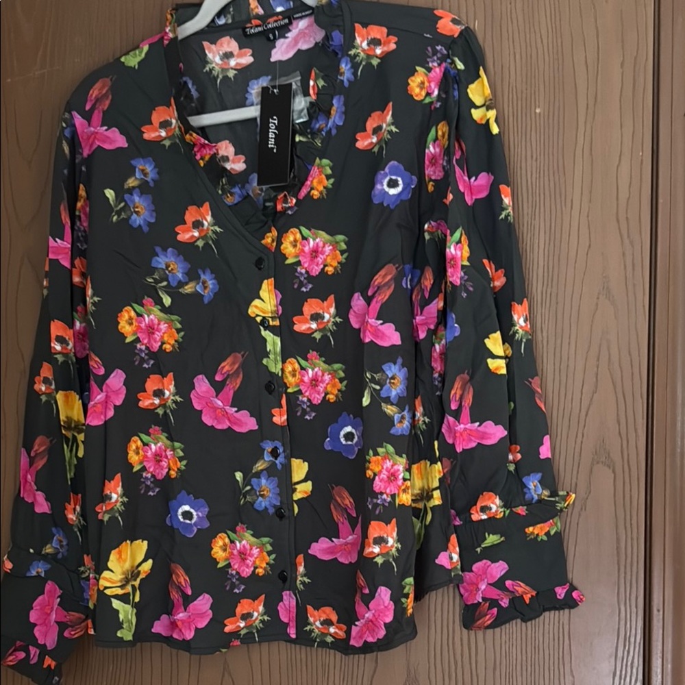 Tolani Collection Black Blouse with Vibrant Floral Print